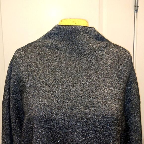 $5 Item! H&M L Sparkly Silver Mock Neck Stretch Knit Slit Side Sweater - Picture 2 of 8
